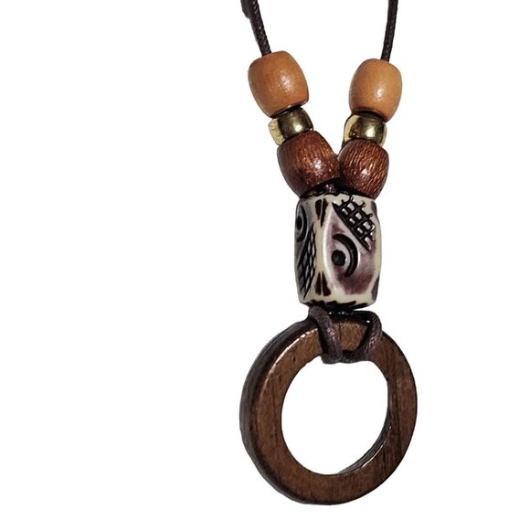Handmade Boho Wooden Bead Tribal Ceramic Pendant Necklace Earthy Fashion Jewelry - Picture 3 of 8